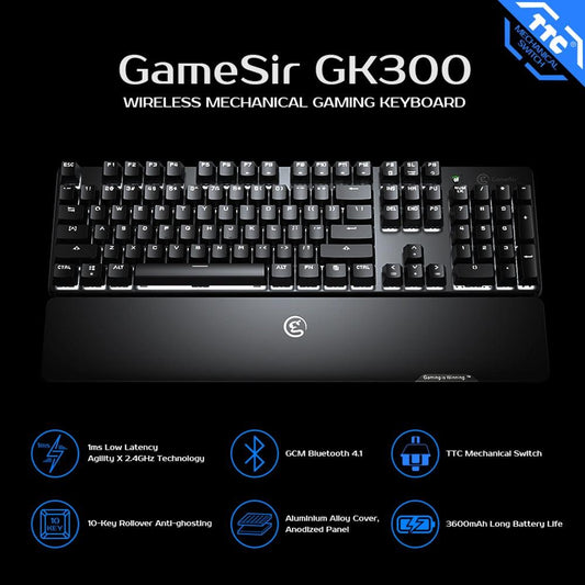 2.4GHz Wireless Mechanical Gaming Keyboard - Alloy Bluetooth Keypad with Wrist Rest for Android / iOS / PC (CA1)(1U52)