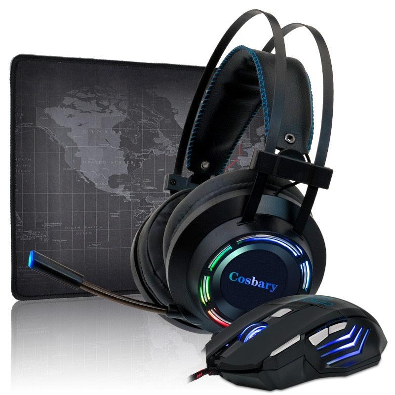 Great Deal Gaming Headset 7.1 Deep Bass Stereo Game Headphone with Microphone Colorful LED Light for PC Laptop + Gaming Mouse+Mice Pad (AH)