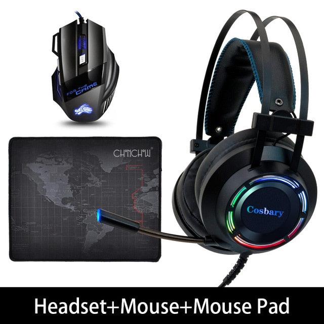 Great Deal Gaming Headset 7.1 Deep Bass Stereo Game Headphone with Microphone Colorful LED Light for PC Laptop + Gaming Mouse+Mice Pad (AH)
