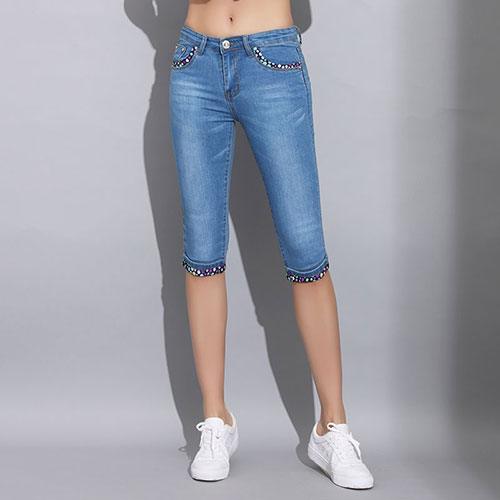 Trending Skinny Capris Jeans - Woman Summer Blue Denim Knee Length Jeans - Polka Dot Pants Capri (TB6)