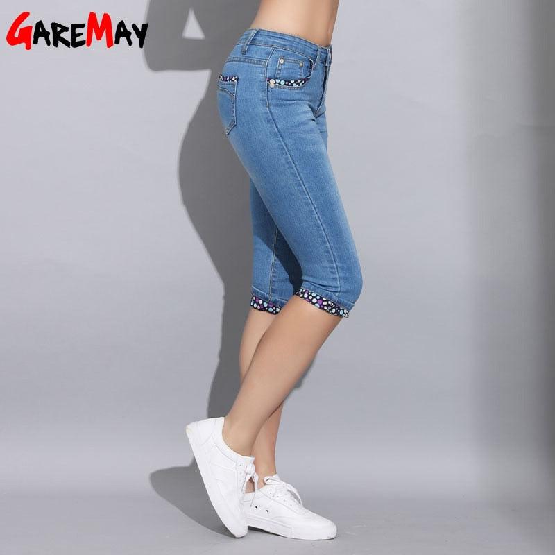Trending Skinny Capris Jeans - Woman Summer Blue Denim Knee Length Jeans - Polka Dot Pants Capri (TB6)