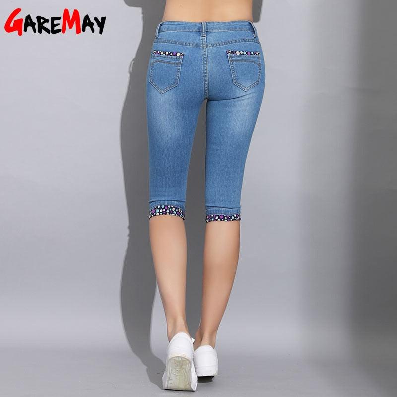 Trending Skinny Capris Jeans - Woman Summer Blue Denim Knee Length Jeans - Polka Dot Pants Capri (TB6)