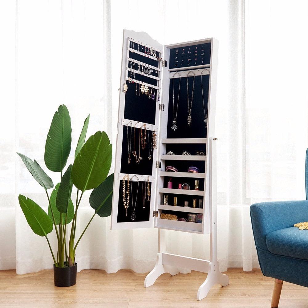 Mirrored Lockable Jewelry Cabinet Armoire Organizer Storage Box w/ Stand White Home Furniture (1FW1)(1U67)