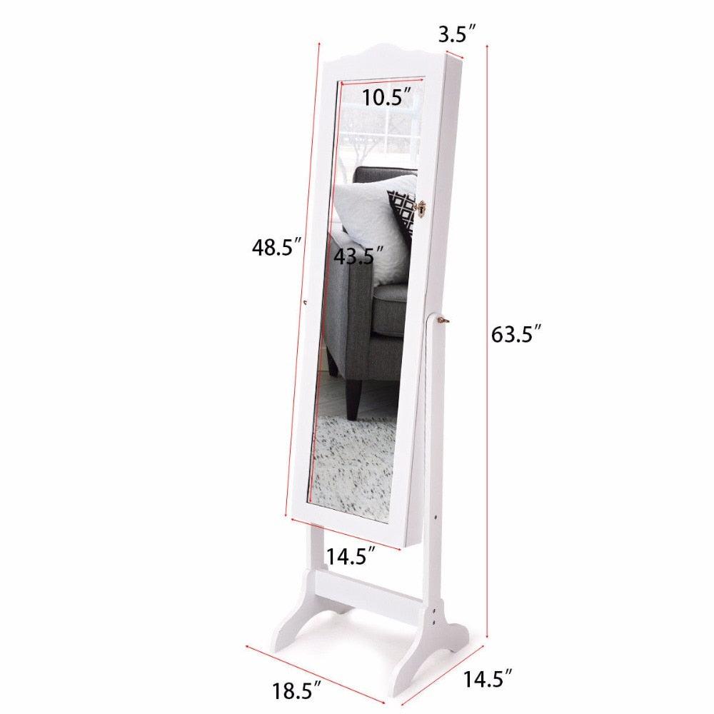 Mirrored Lockable Jewelry Cabinet Armoire Organizer Storage Box w/ Stand White Home Furniture (1FW1)(1U67)