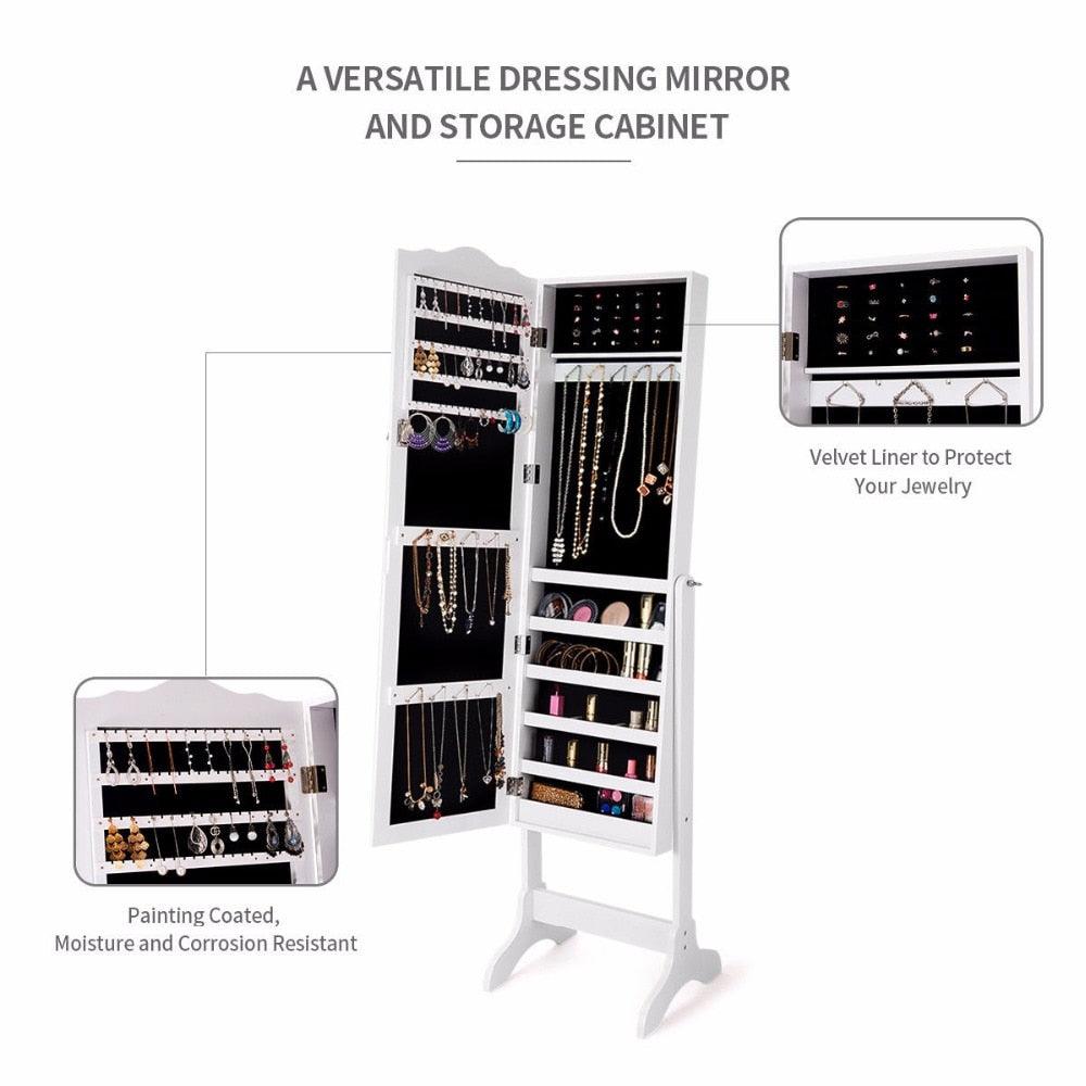 Mirrored Lockable Jewelry Cabinet Armoire Organizer Storage Box w/ Stand White Home Furniture (1FW1)(1U67)