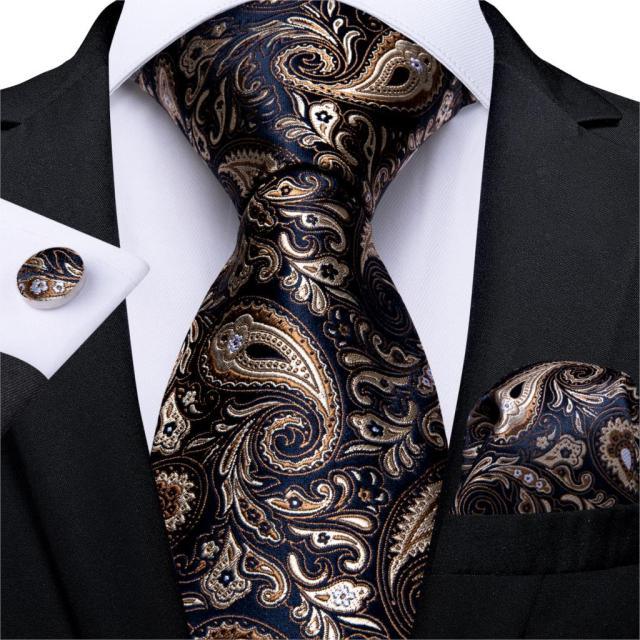 Gift Men Tie Gold Black Striped Paisley Silk Wedding Tie - Hanky Cufflink Quality Men Tie Set (MA2)(F17)