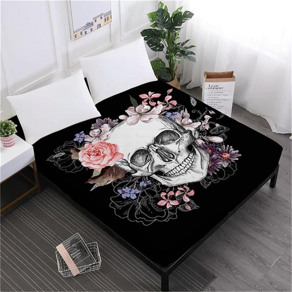 Skull Sheets Rose Floral Fitted Sheet King Queen Bedding Deep Pocket Sheet Elastic Band (5BM)