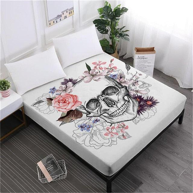 Skull Sheets Rose Floral Fitted Sheet King Queen Bedding Deep Pocket Sheet Elastic Band (5BM)