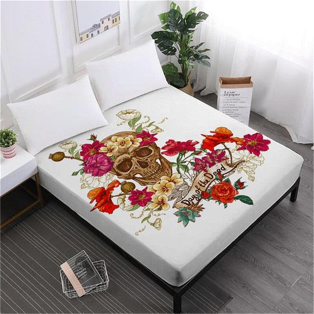 Skull Sheets Rose Floral Fitted Sheet King Queen Bedding Deep Pocket Sheet Elastic Band (5BM)