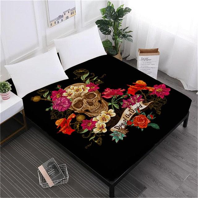 Skull Sheets Rose Floral Fitted Sheet King Queen Bedding Deep Pocket Sheet Elastic Band (5BM)