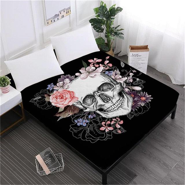 Skull Sheets Rose Floral Fitted Sheet King Queen Bedding Deep Pocket Sheet Elastic Band (5BM)