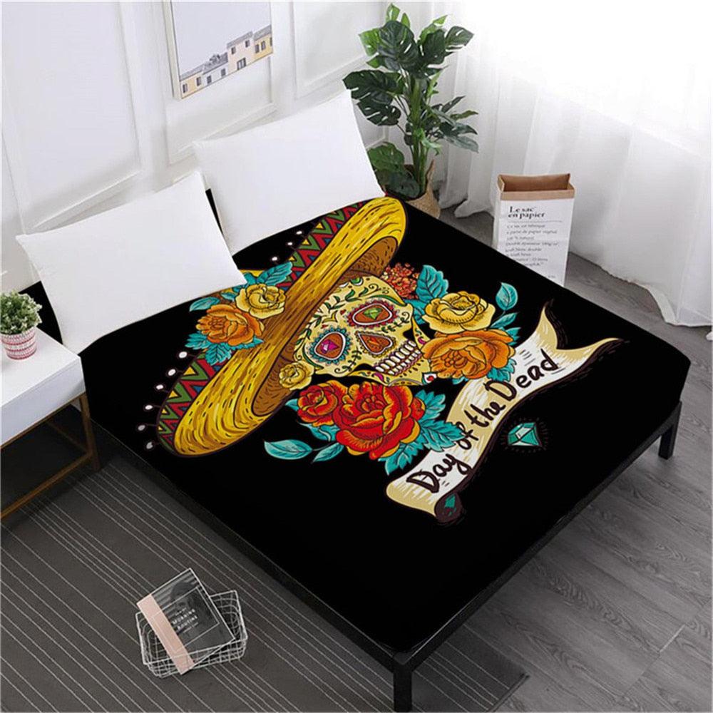 Skull Sheets Rose Floral Fitted Sheet King Queen Bedding Deep Pocket Sheet Elastic Band (5BM)