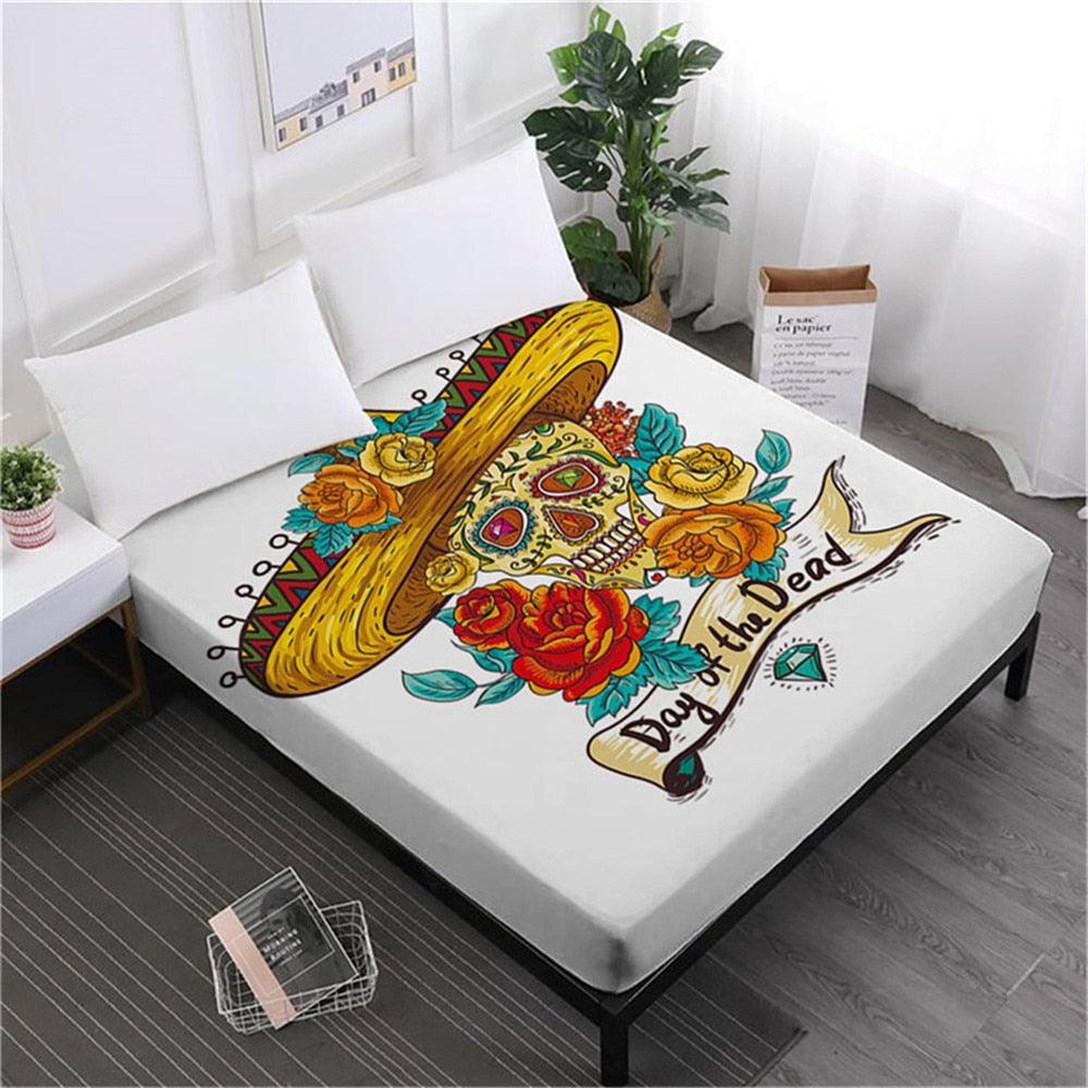 Skull Sheets Rose Floral Fitted Sheet King Queen Bedding Deep Pocket Sheet Elastic Band (5BM)
