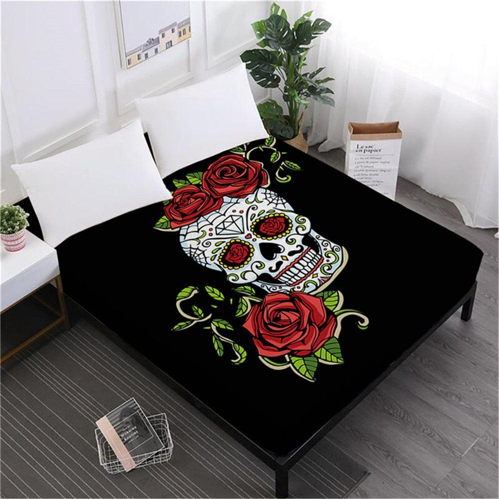 Skull Sheets Rose Floral Fitted Sheet King Queen Bedding Deep Pocket Sheet Elastic Band (5BM)