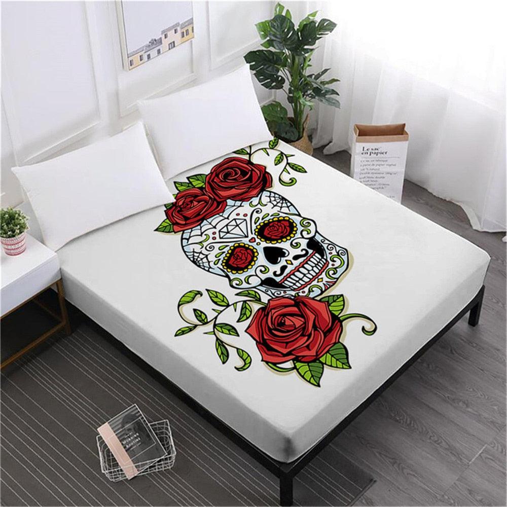 Skull Sheets Rose Floral Fitted Sheet King Queen Bedding Deep Pocket Sheet Elastic Band (5BM)