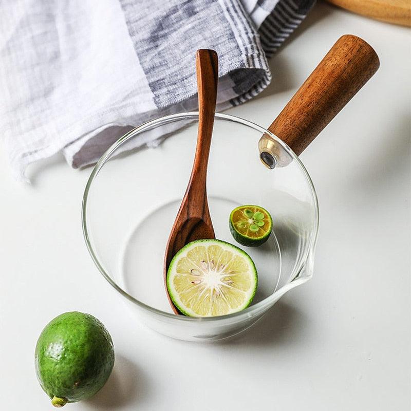 Glass Cooking Pot - Milk Instant Noodle Pot Soup - Stock Porridge Pots Wooden Handle Kitchen Cookware (D61)(AK1)(AK3)