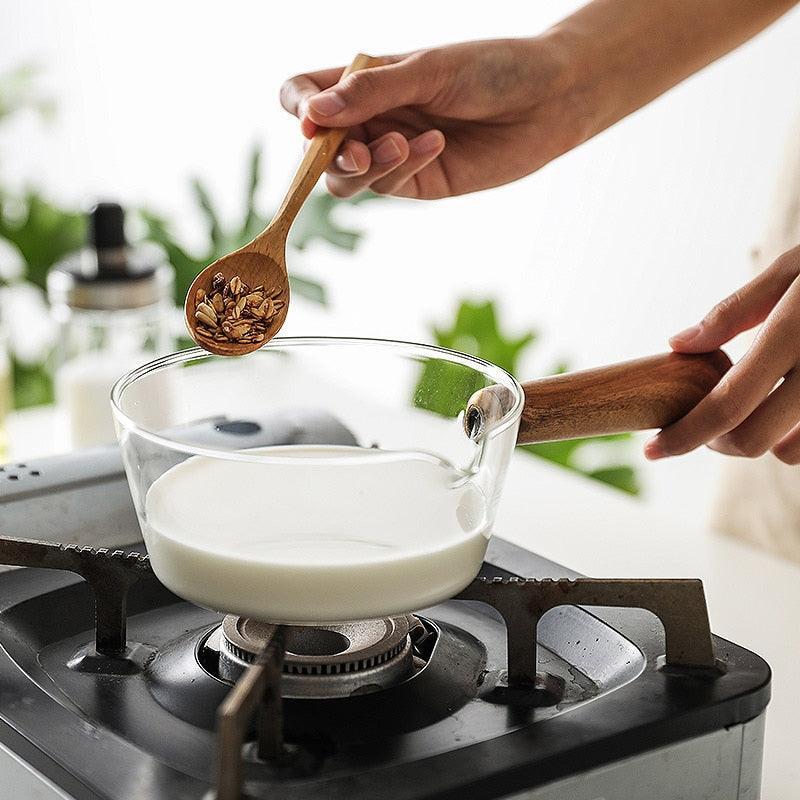 Glass Cooking Pot - Milk Instant Noodle Pot Soup - Stock Porridge Pots Wooden Handle Kitchen Cookware (D61)(AK1)(AK3)
