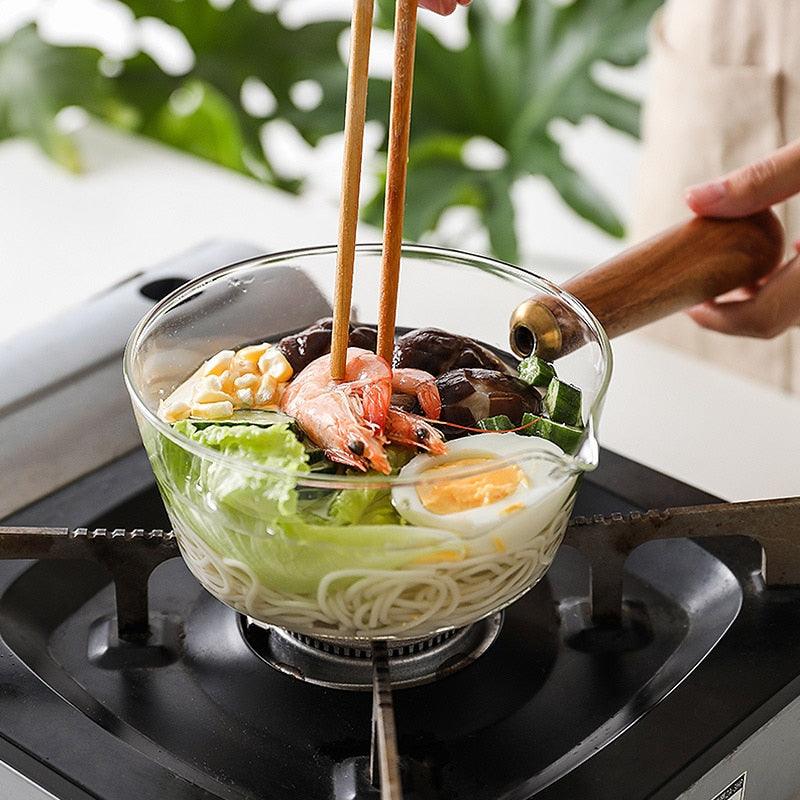 Glass Cooking Pot - Milk Instant Noodle Pot Soup - Stock Porridge Pots Wooden Handle Kitchen Cookware (D61)(AK1)(AK3)