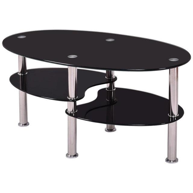 Tempered Glass Oval Side Coffee Table Shelf Chrome Base Living Room Clear Black Modern Coffee Table (FW1)(1U67)(F67)