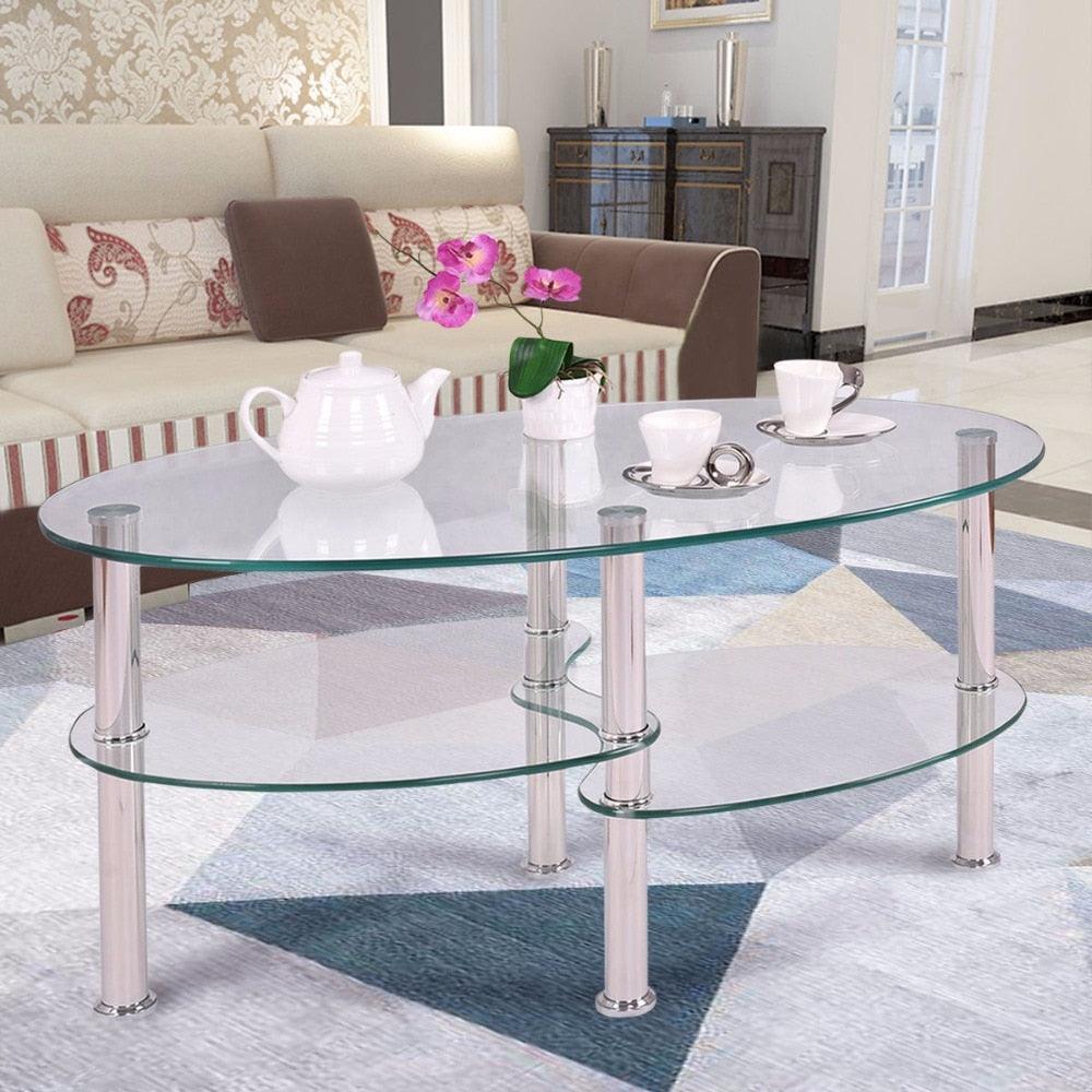 Tempered Glass Oval Side Coffee Table Shelf Chrome Base Living Room Clear Black Modern Coffee Table (FW1)(1U67)(F67)