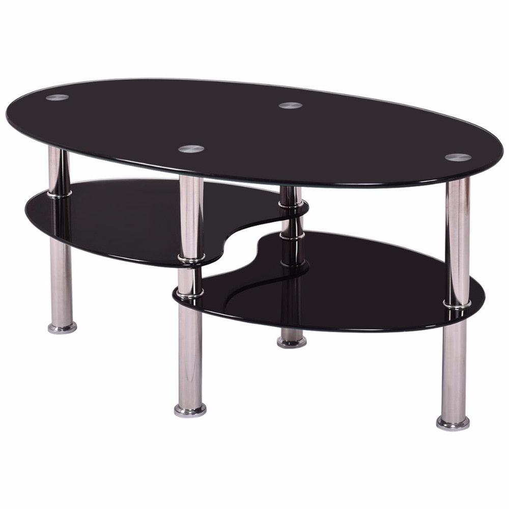 Tempered Glass Oval Side Coffee Table Shelf Chrome Base Living Room Clear Black Modern Coffee Table (FW1)(1U67)(F67)