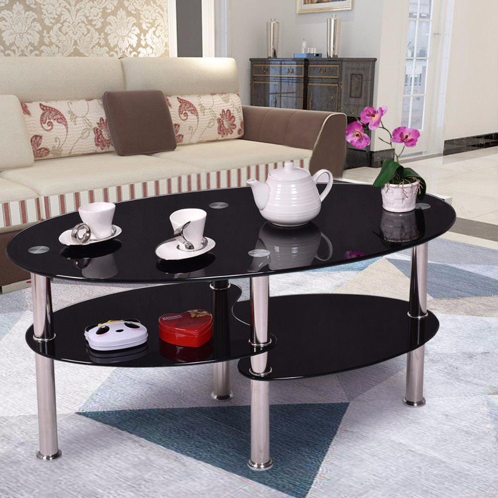 Tempered Glass Oval Side Coffee Table Shelf Chrome Base Living Room Clear Black Modern Coffee Table (FW1)(1U67)(F67)