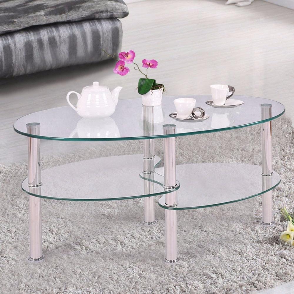 Tempered Glass Oval Side Coffee Table Shelf Chrome Base Living Room Clear Black Modern Coffee Table (FW1)(1U67)(F67)