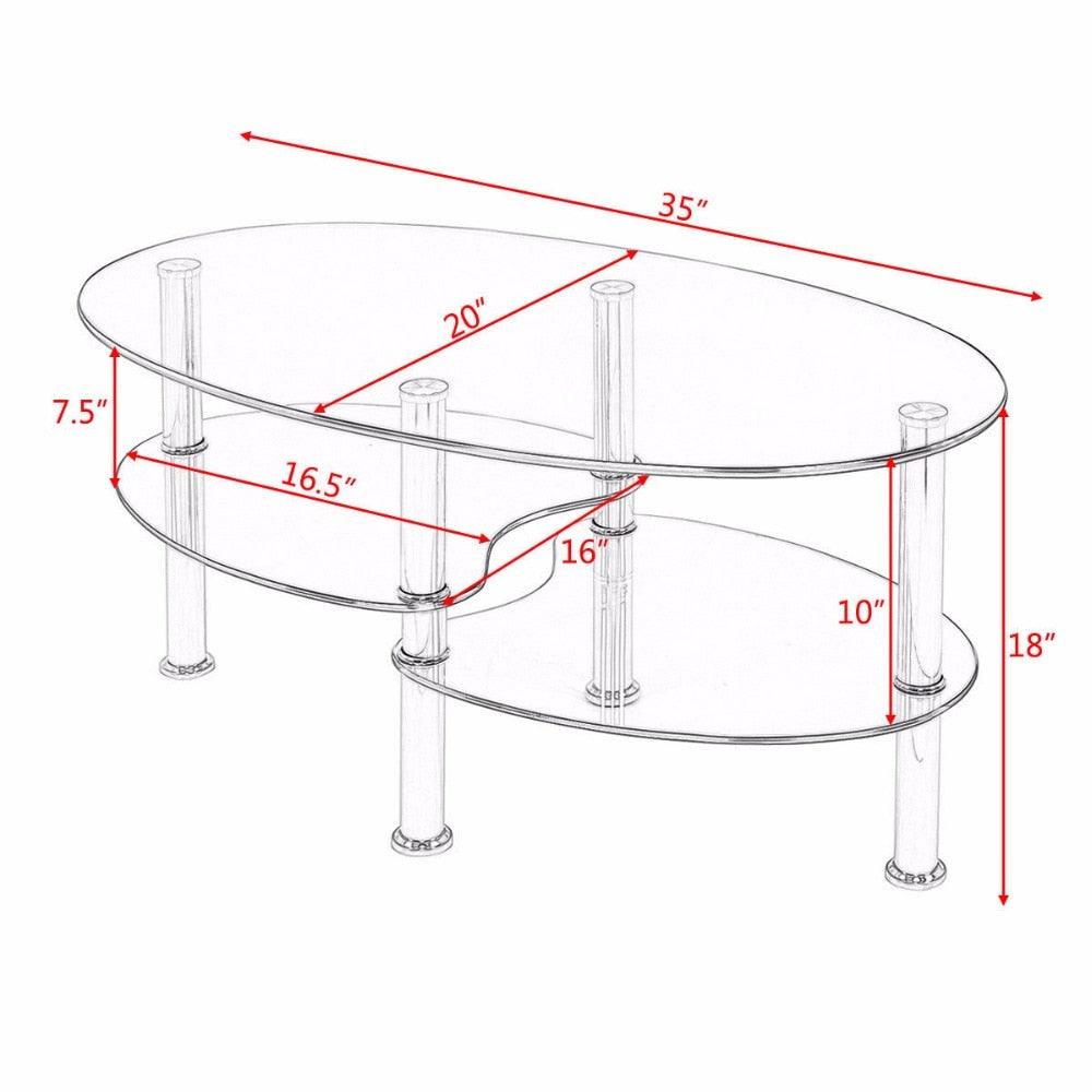Tempered Glass Oval Side Coffee Table Shelf Chrome Base Living Room Clear Black Modern Coffee Table (FW1)(1U67)(F67)