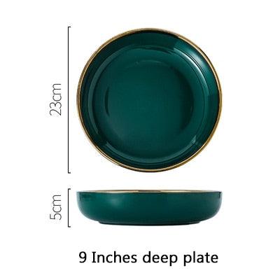 Green Ceramic Gold Plate - Steak Food Inlay Plate - Nordic Style Tableware Bowl Dessert Dish Dinner Dish (AK7)