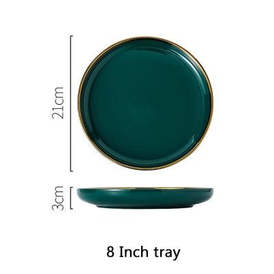 Green Ceramic Gold Plate - Steak Food Inlay Plate - Nordic Style Tableware Bowl Dessert Dish Dinner Dish (AK7)