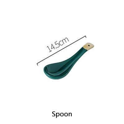 Green Ceramic Gold Plate - Steak Food Inlay Plate - Nordic Style Tableware Bowl Dessert Dish Dinner Dish (AK7)