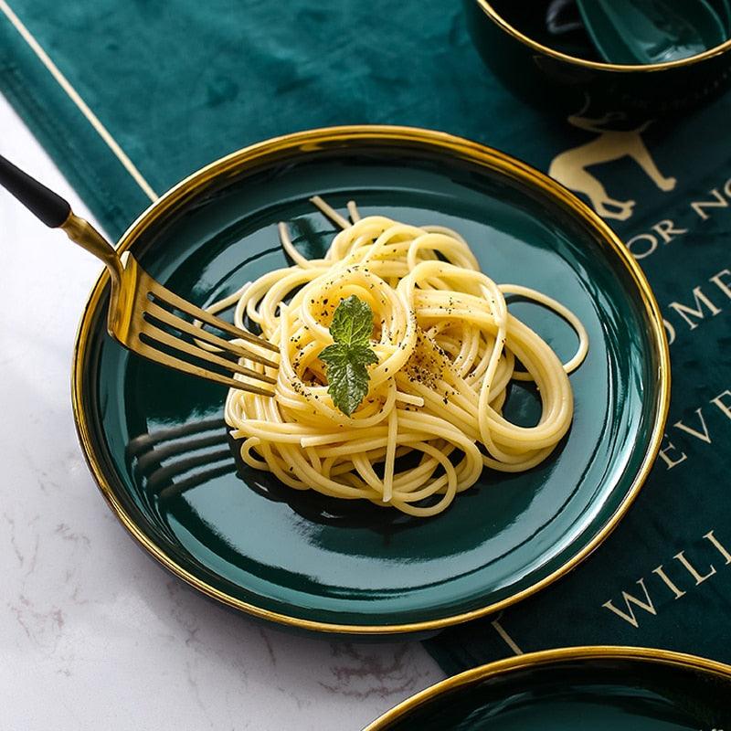 Green Ceramic Gold Plate - Steak Food Inlay Plate - Nordic Style Tableware Bowl Dessert Dish Dinner Dish (AK7)