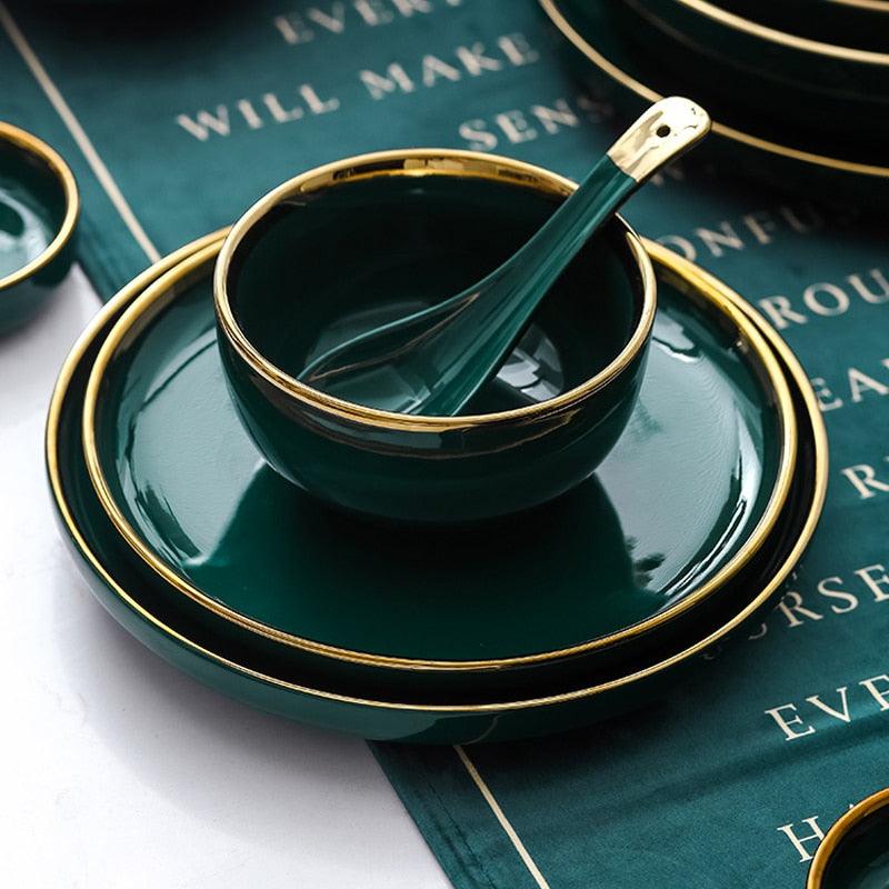Green Ceramic Gold Plate - Steak Food Inlay Plate - Nordic Style Tableware Bowl Dessert Dish Dinner Dish (AK7)