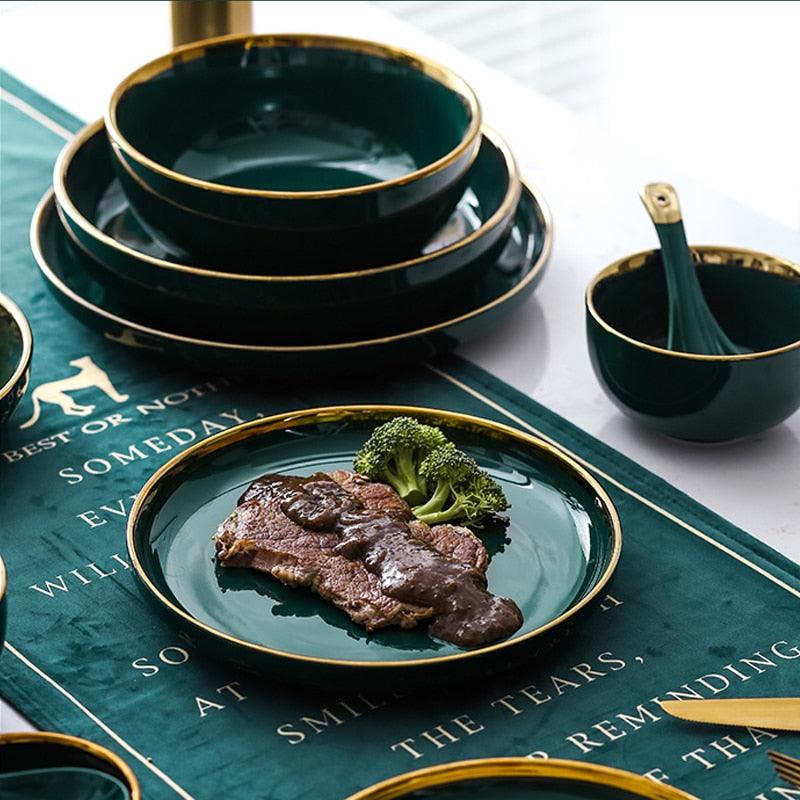 Green Ceramic Gold Plate - Steak Food Inlay Plate - Nordic Style Tableware Bowl Dessert Dish Dinner Dish (AK7)