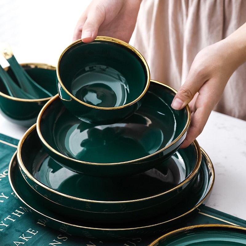 Green Ceramic Gold Plate - Steak Food Inlay Plate - Nordic Style Tableware Bowl Dessert Dish Dinner Dish (AK7)