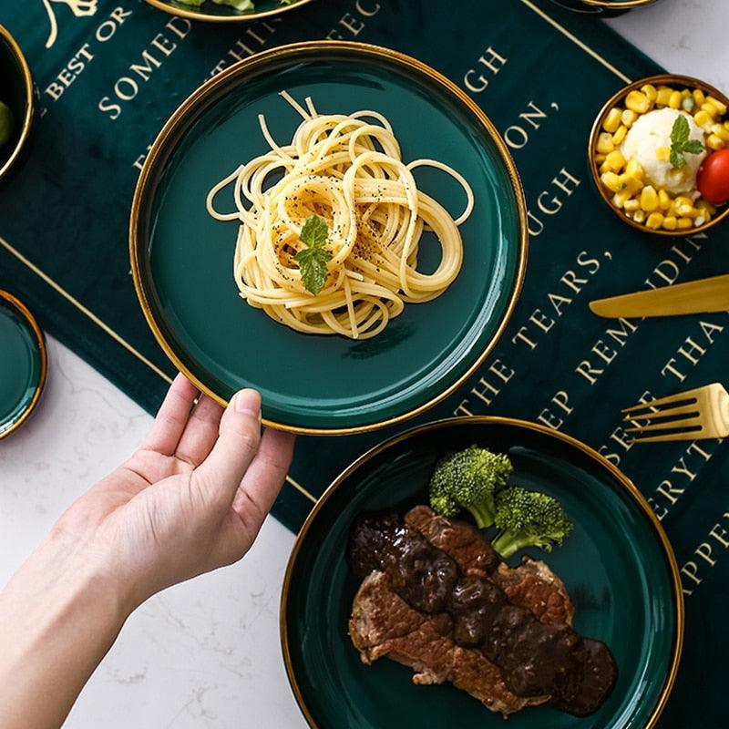 Green Ceramic Gold Plate - Steak Food Inlay Plate - Nordic Style Tableware Bowl Dessert Dish Dinner Dish (AK7)