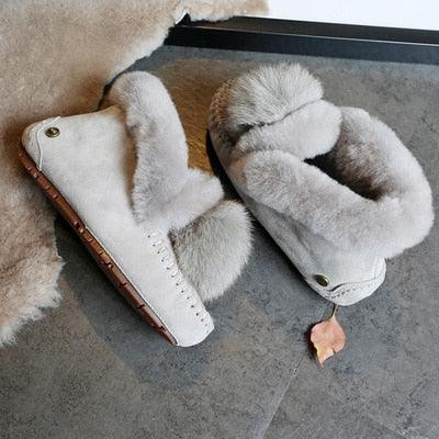 New Winter 100% Genuine Leather Real Wool Women Flats - New Fashion Female Moccasins Casual Loafers Plus Size Snow Shoes (FS)(CD)(1U40)(1U38)(1U107)