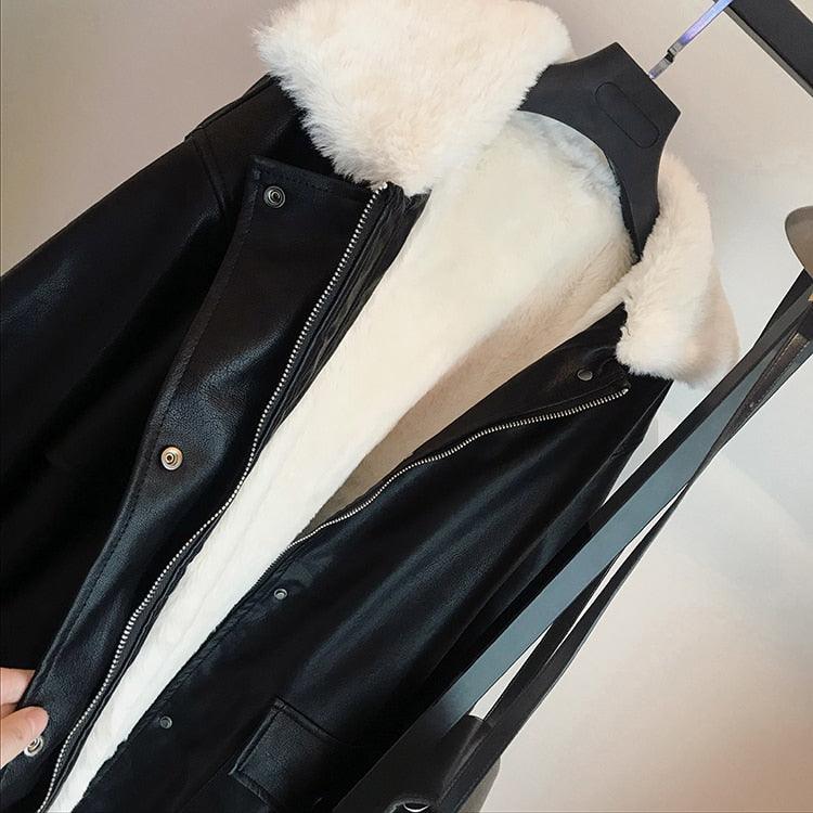 New Winter Oversized Leather Jacket - Women with Faux Rex Rabbit Fur Inside Warm Soft Thickened Fur Lined Coat Long Sleeve (TB8B)(TB8A)(TP3)(1U23) - Deals DejaVu