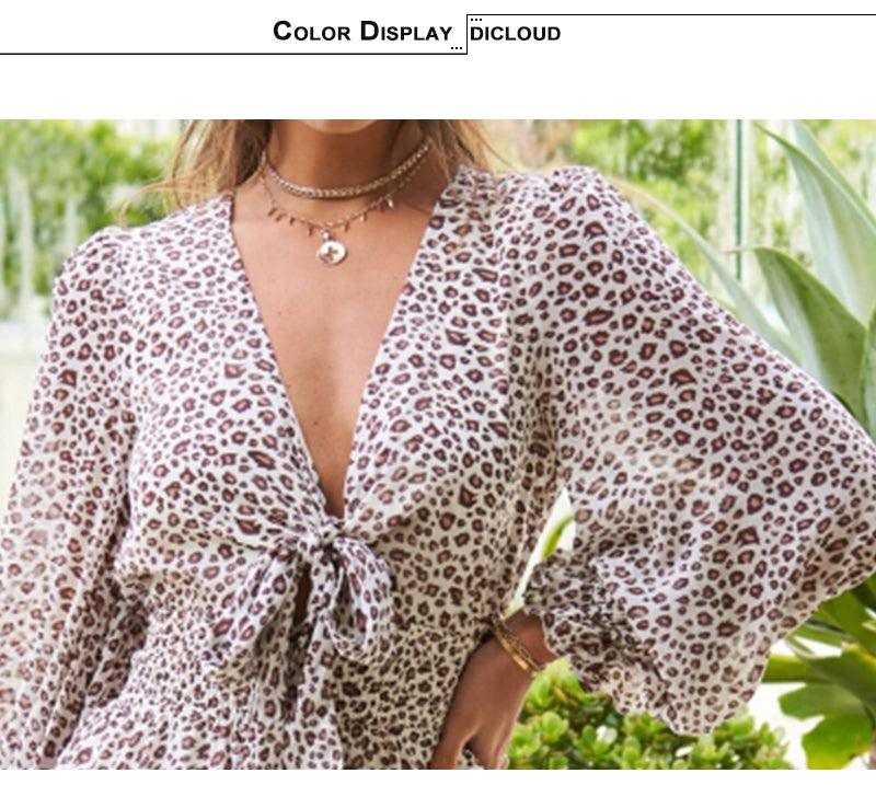 Cute V-Neck Front Bow Tie Leopard Print Sexy Mini Dress - Women Long Sleeve A-Line Ruffle Party Dresses Summer Daily Clothes (BWD)(WS06)(F30)(2U30) - Deals DejaVu