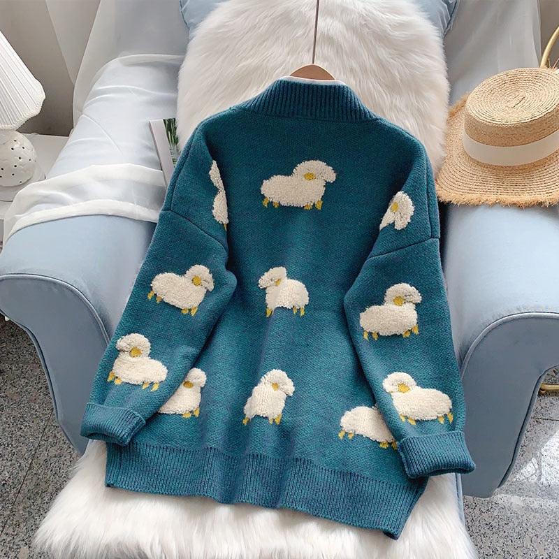 Trending Women Winter Knit Sweater Coat - V Neck Sheep Cardigans Christmas Sweaters Warm Knitwear Sueter Mujer Long Jacket (TP4)(TB8C)(BCD4)(1U23) - Deals DejaVu