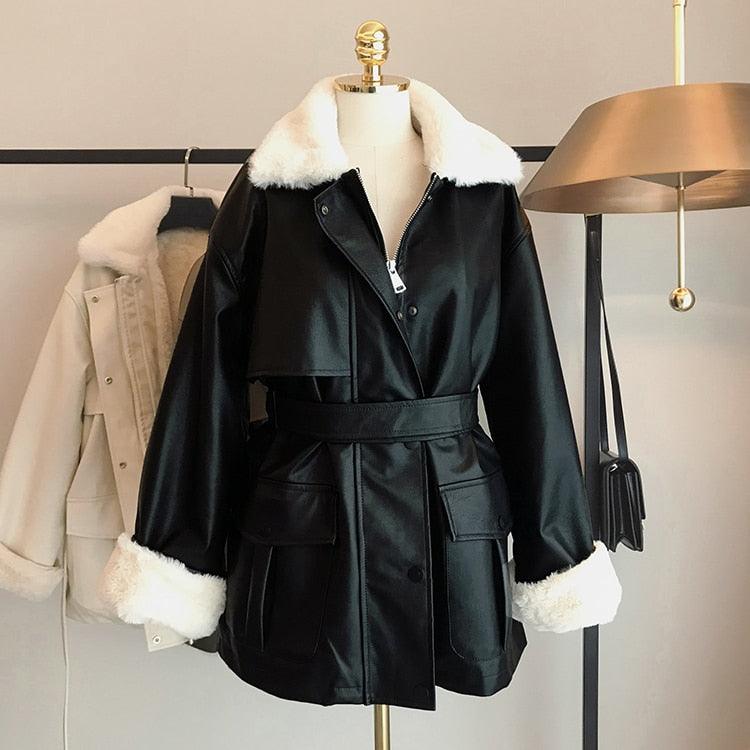 New Winter Oversized Leather Jacket - Women with Faux Rex Rabbit Fur Inside Warm Soft Thickened Fur Lined Coat Long Sleeve (TB8B)(TB8A)(TP3)(1U23) - Deals DejaVu