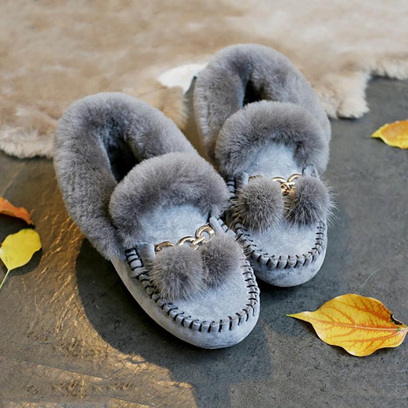 Trending Winter 100% Genuine Leather Real Wool Women Flats New Fashion Female - Plus Size Snow Shoes (FS)(CD)(1U40)(1U38)(1U107)