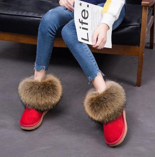Cute Fashion Genuine Cowhide leather women's boots - real fox fur - winter warm ankle boots, various colors, plus size (FS)(CD)(1U40)(1U38)(1U107)