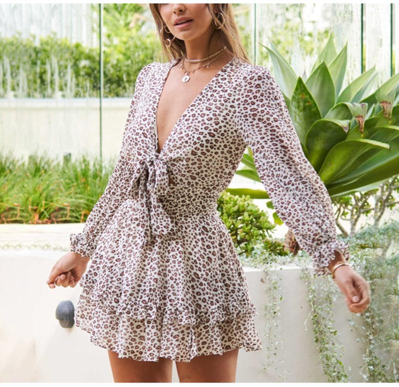 Cute V-Neck Front Bow Tie Leopard Print Sexy Mini Dress - Women Long Sleeve A-Line Ruffle Party Dresses Summer Daily Clothes (BWD)(WS06)(F30)(2U30) - Deals DejaVu