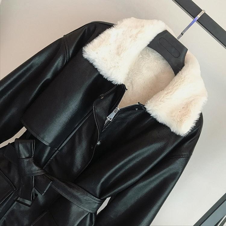 New Winter Oversized Leather Jacket - Women with Faux Rex Rabbit Fur Inside Warm Soft Thickened Fur Lined Coat Long Sleeve (TB8B)(TB8A)(TP3)(1U23) - Deals DejaVu