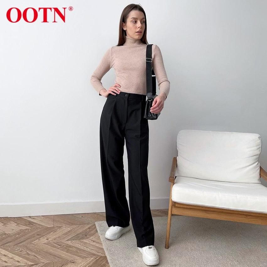 New Casual Baggy Trouser Women All-Match Pleated Spring High Waist Black Straight Pants - Office Elastic Waist Pocket Pants Lady (BP)(1U25) - Deals DejaVu