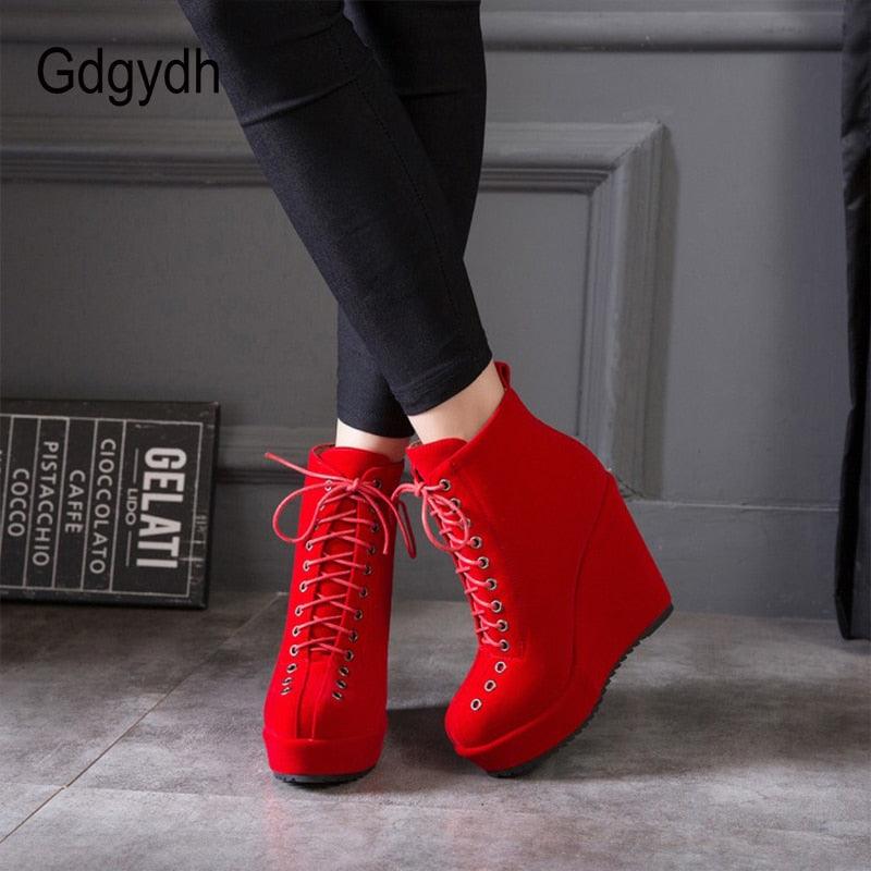 Great Lace Up Platform Women Ankle Boots - Short Winter Shoes Suede Wedge Heels Black Punk (BB2)(CD)(WO4)(BB5)(F38)(3U38) - Deals DejaVu