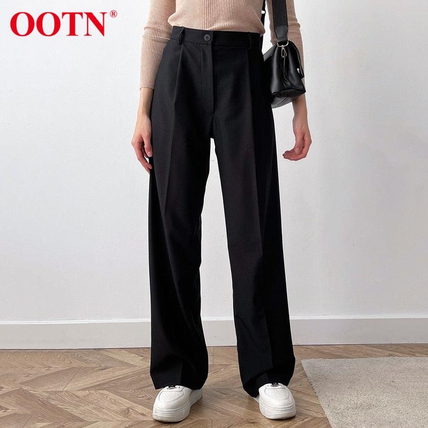 New Casual Baggy Trouser Women All-Match Pleated Spring High Waist Black Straight Pants - Office Elastic Waist Pocket Pants Lady (BP)(1U25) - Deals DejaVu