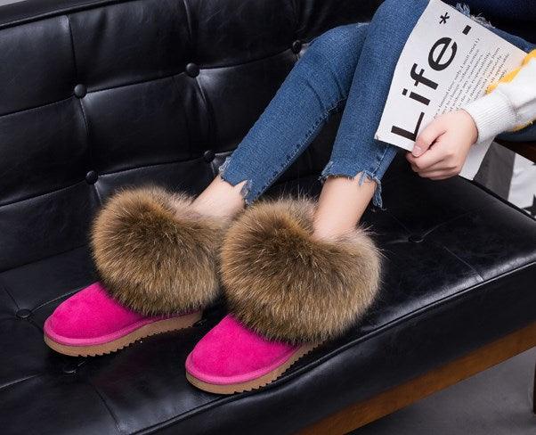Cute Fashion Genuine Cowhide leather women's boots - real fox fur - winter warm ankle boots, various colors, plus size (FS)(CD)(1U40)(1U38)(1U107)