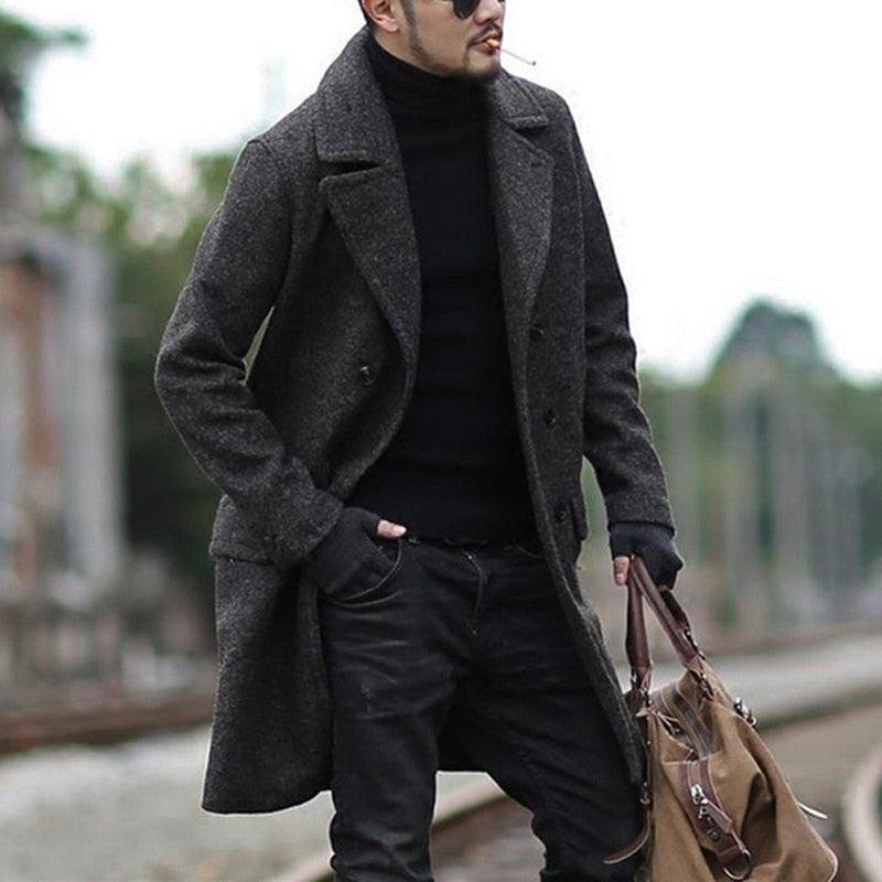 Solid Winter Trench Coat - Mens British Style Casual Double -Breasted Warm Mens Jacket Long Sleeve Oversized Male Overcoat (D100)(TM4)(CC1) - Deals DejaVu